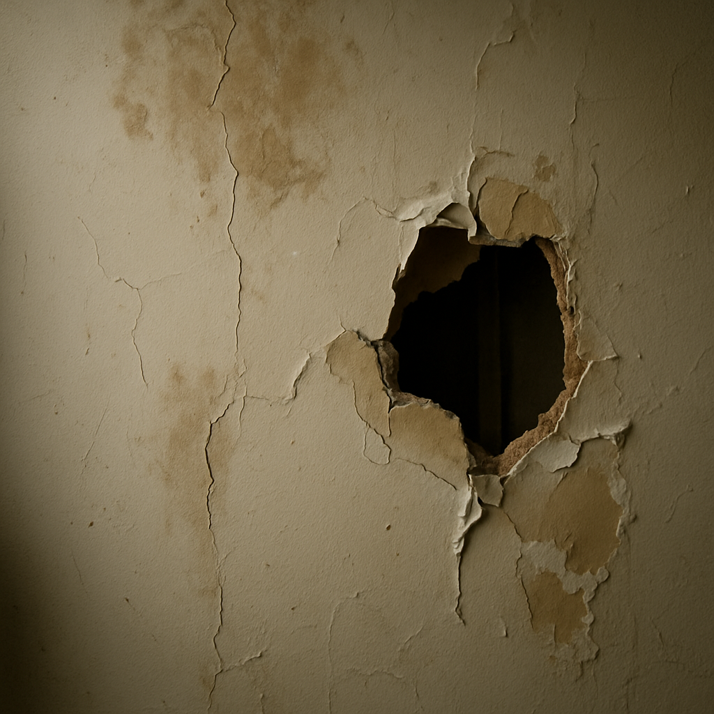 Damaged interior wall with a hole and water stains before drywall repair, Bakersfield, CA