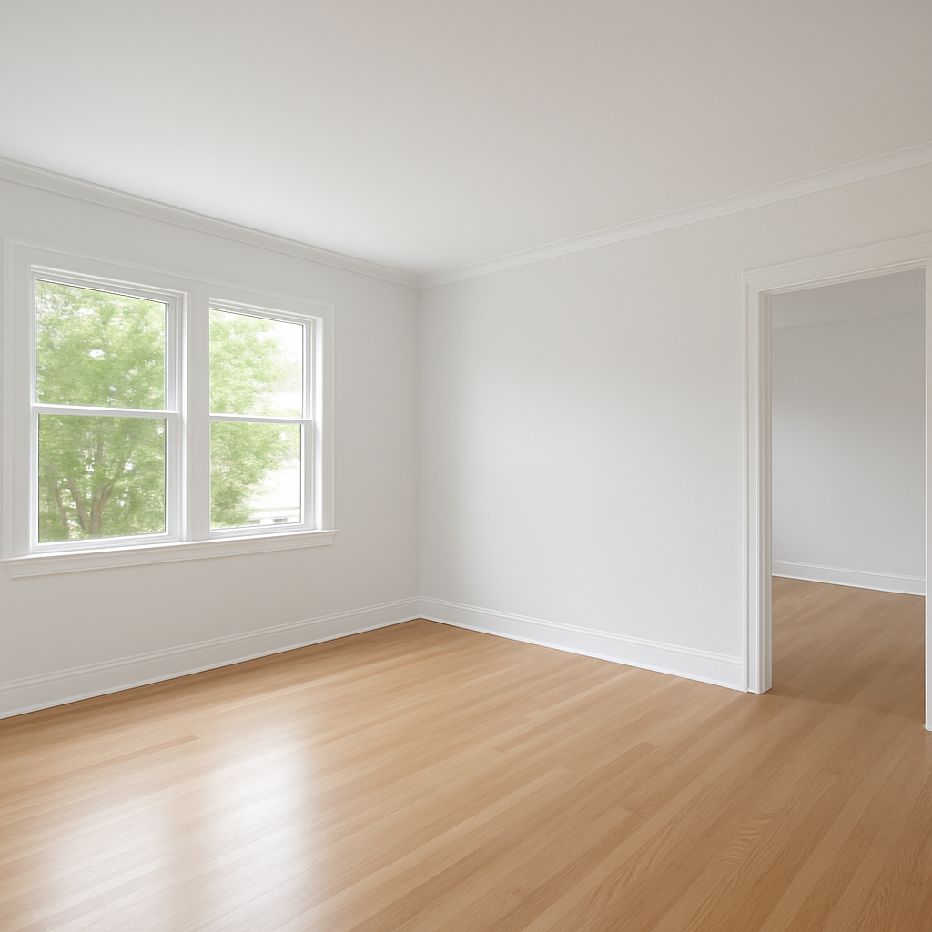 Same living room after a fresh interior repaint with crisp white walls and trim, Kern General Construction