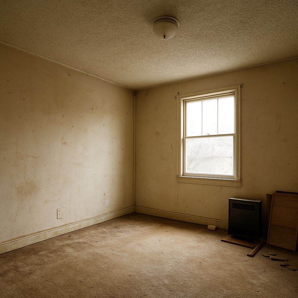 Dated living room with faded, patched walls before painting, Bakersfield, CA