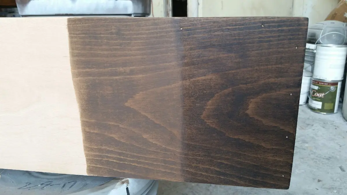 Wood stain sample showing raw-to-rich finish, staining & finishing craftsmanship